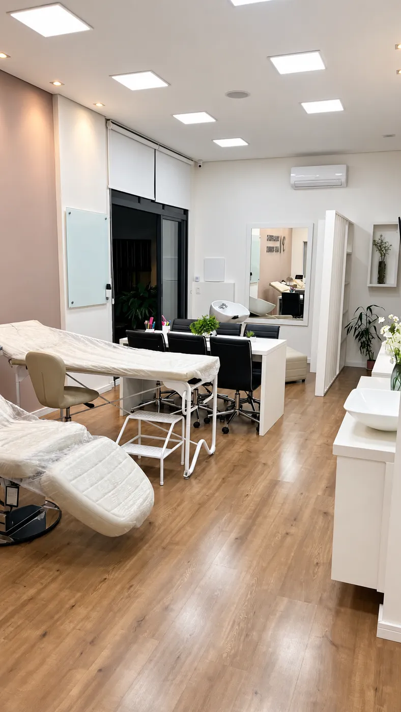 Sala de procedimentos clara, com macas e bancadas organizadas